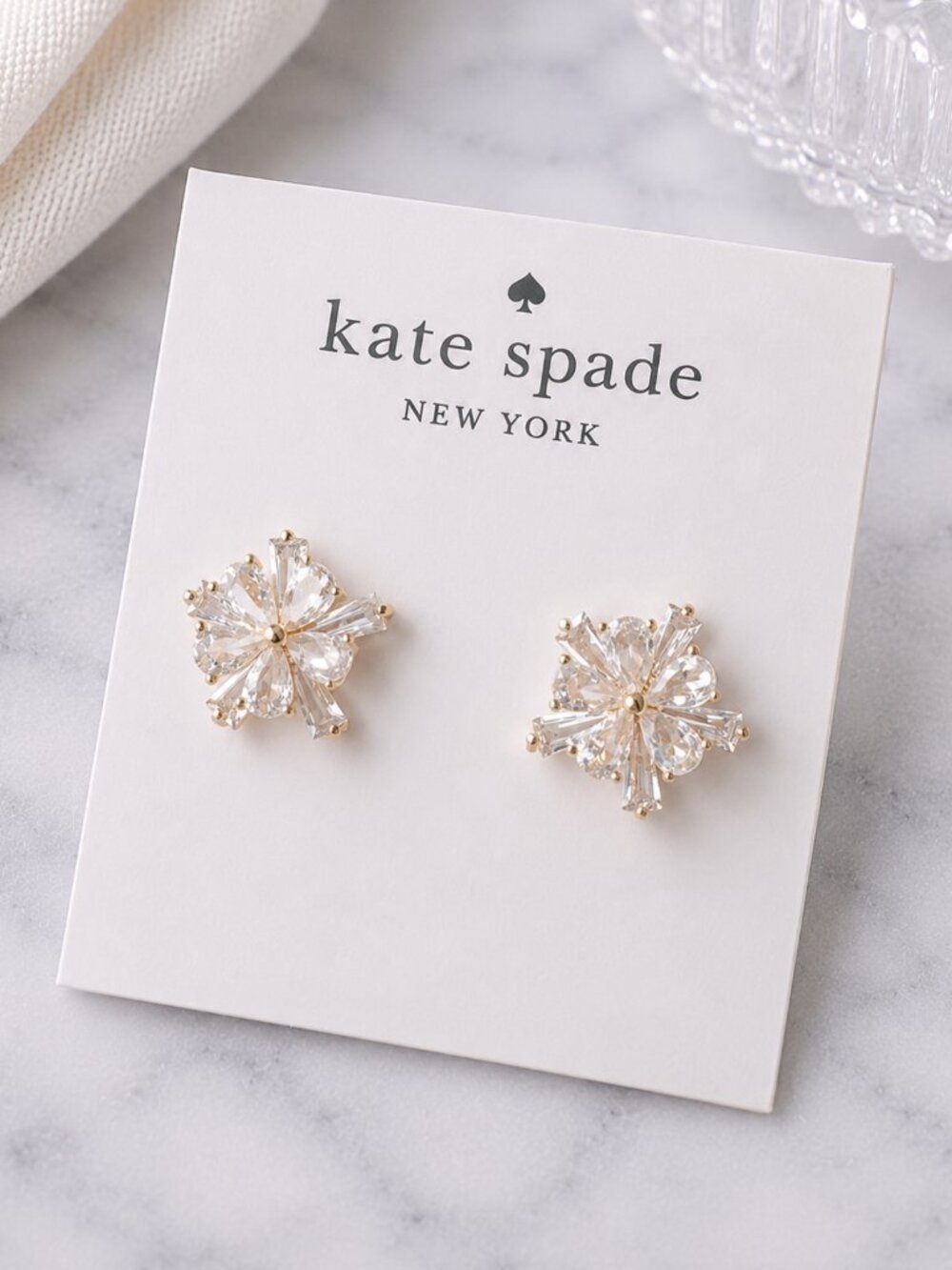 Kate Spade Crystal Flower Stud Earrings Gold Clear Rhinestone Floral Statement